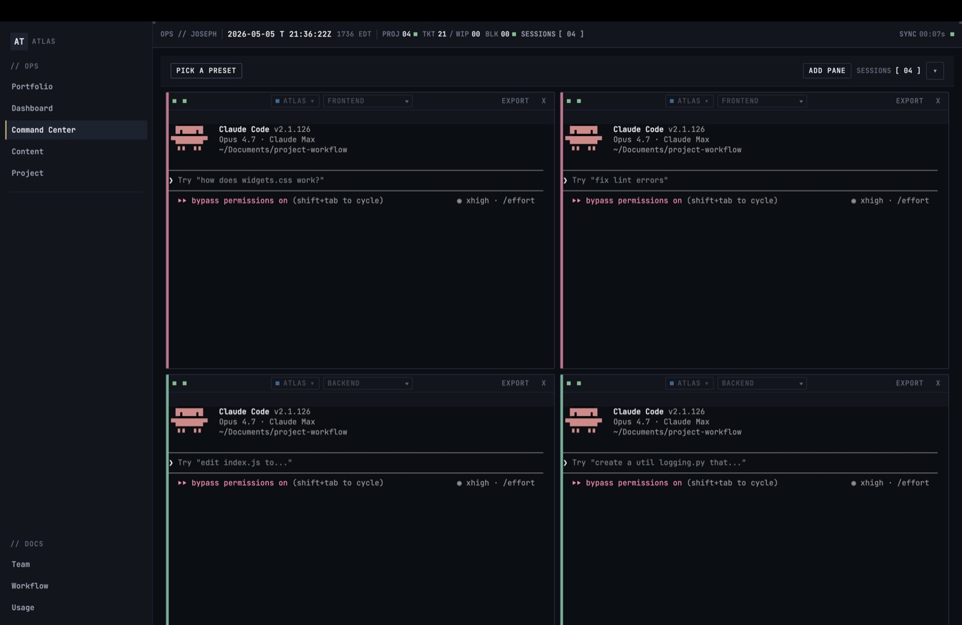 ATLAS command center: every project with its active and blocked work