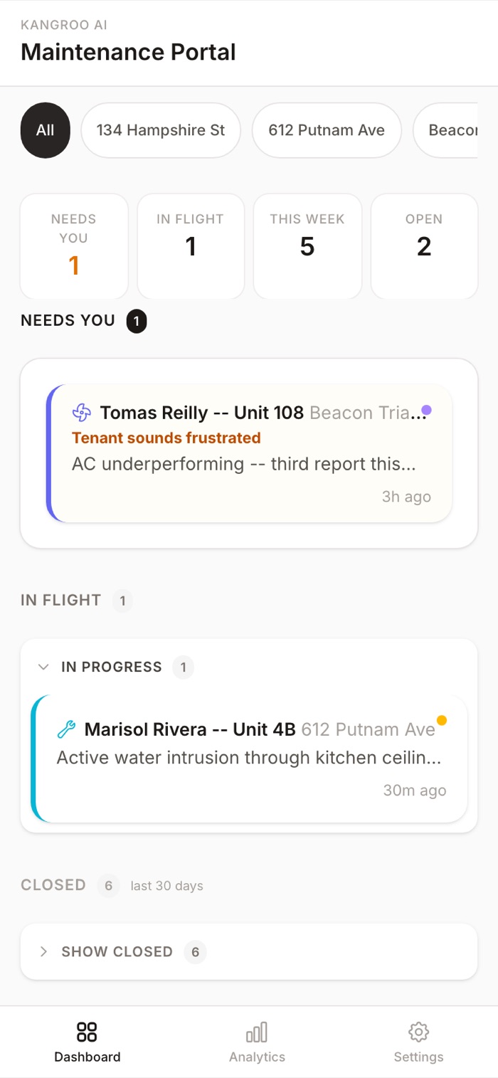 KangRoo dashboard with the three lanes: Needs You, In Flight, and closed tickets, on demo data
