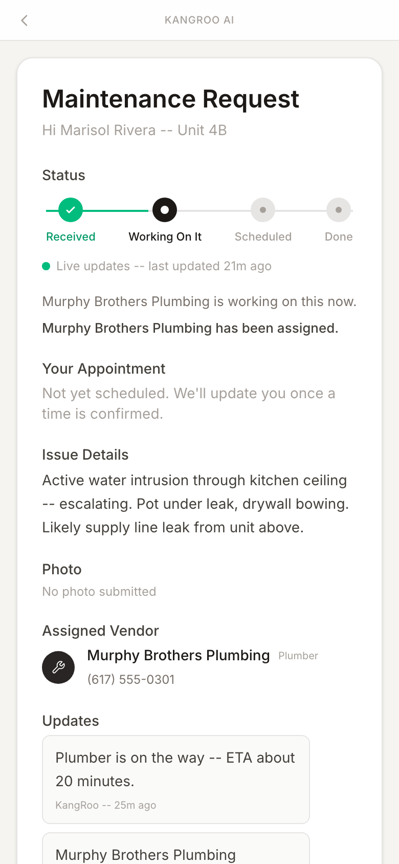 The tenant's live status page for an emergency ticket, with the assigned vendor and updates, on demo data
