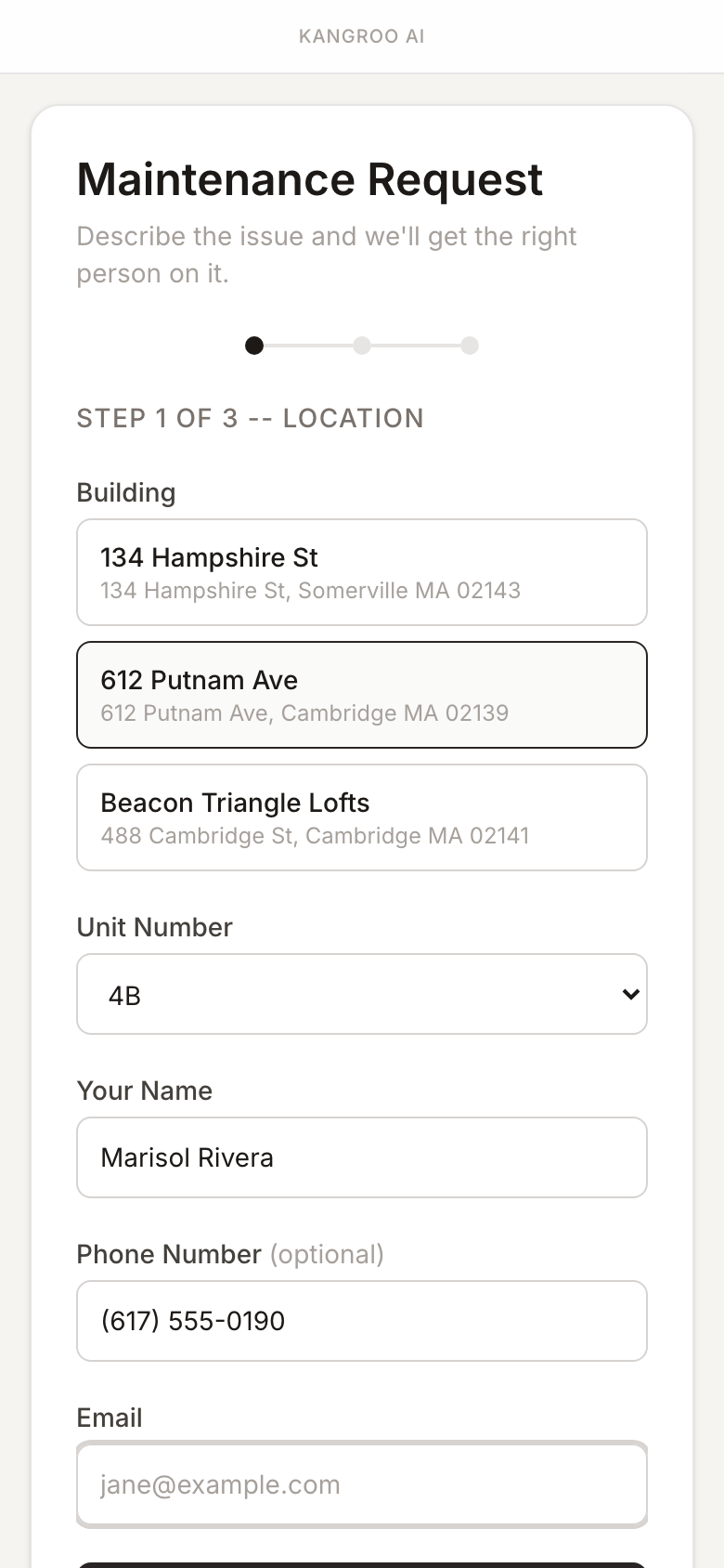 The tenant submission form with a photo attachment, on demo data
