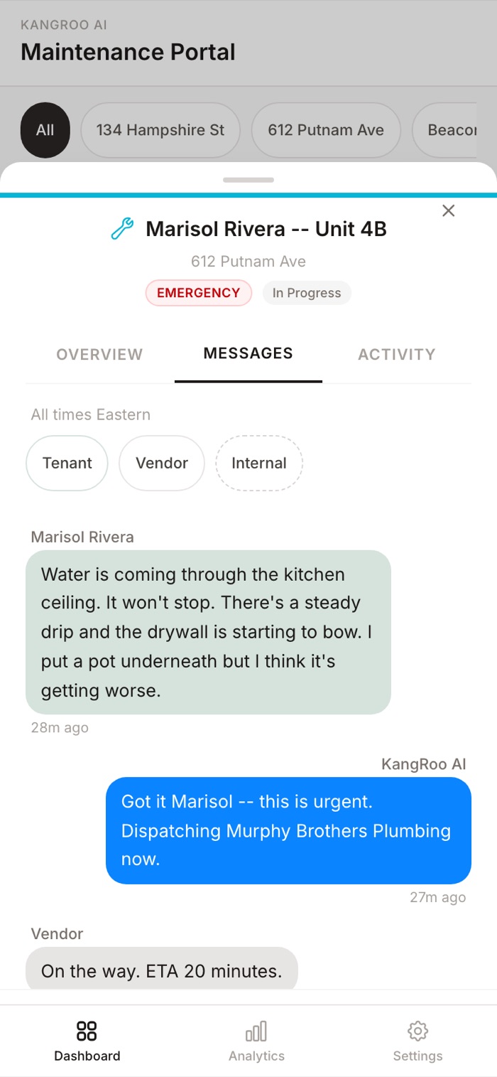 An emergency ticket thread: tenant reports water intrusion, the system dispatches a plumber, the vendor confirms an ETA, on demo data